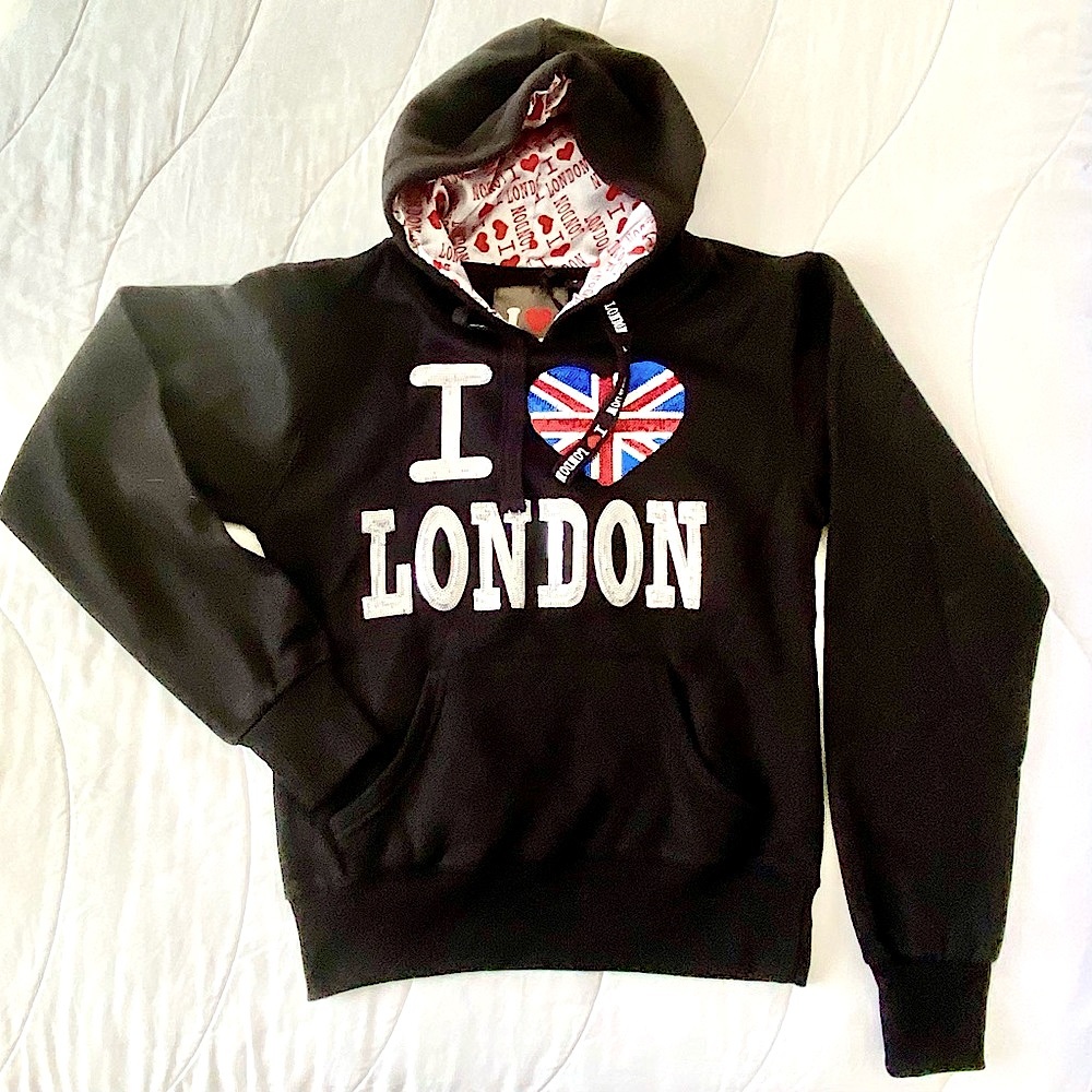 🇬🇧 I ❤️ London Hoodie Black Sequin Font & Union Jack Heart w/ Drawstring Sz S